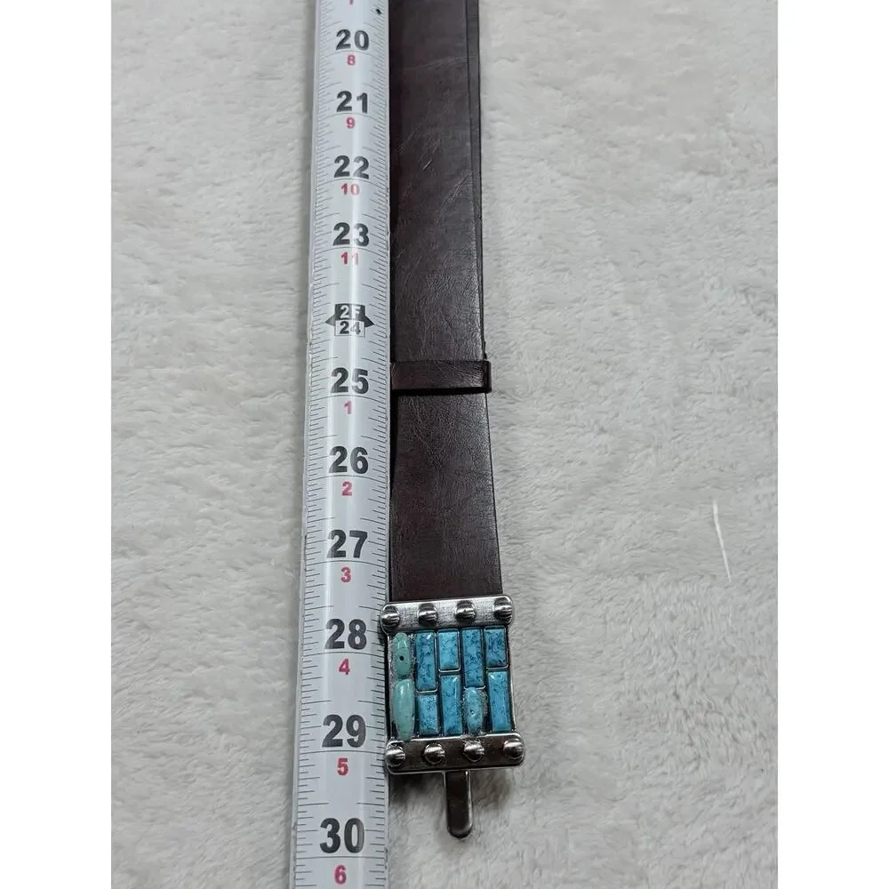 Chicos Turquoise Leather Belt Brown Silver O Ring Buckle Western Southwestern ML